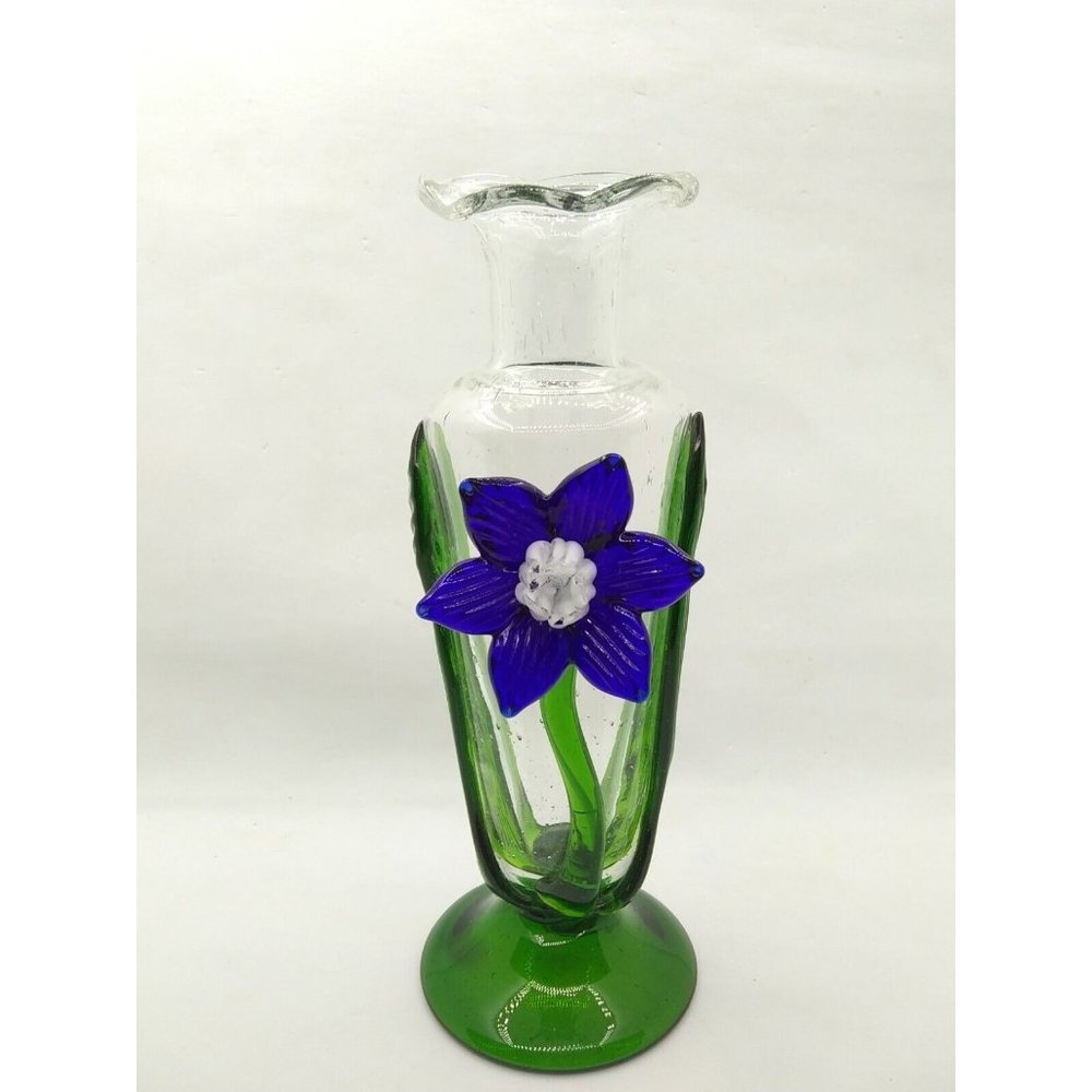 Celebration 3D Green White blue & bubbled Clear Iris Art Glass Bud Vase
